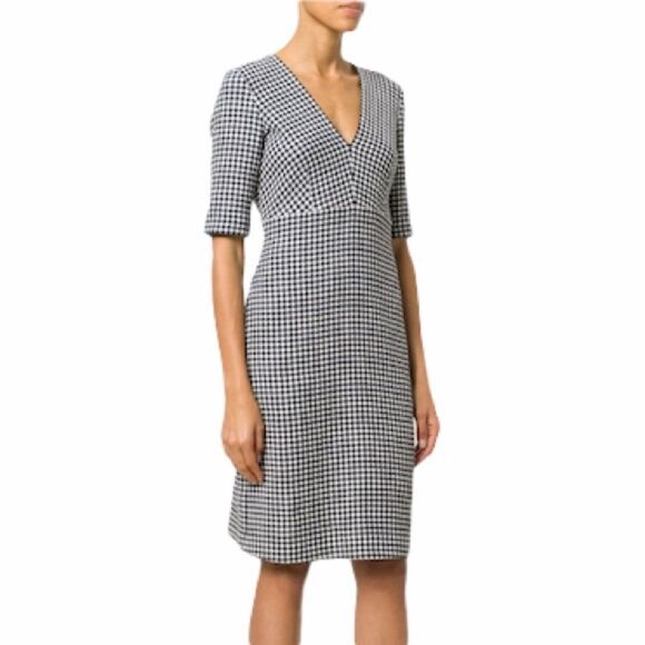 LUISA CERANO Checked Fitted Gingham Dress V-Neck Knee Length Black White 14 - Picture 2 of 13